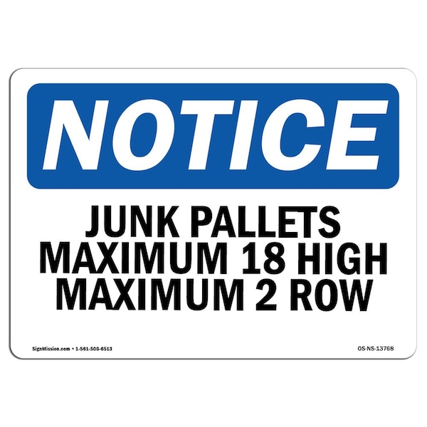 Safety Sign, OSHA Notice, 18" Height, Junk Pallets Maximum 18 High Maximum 2 Rows Sign, Landscape
